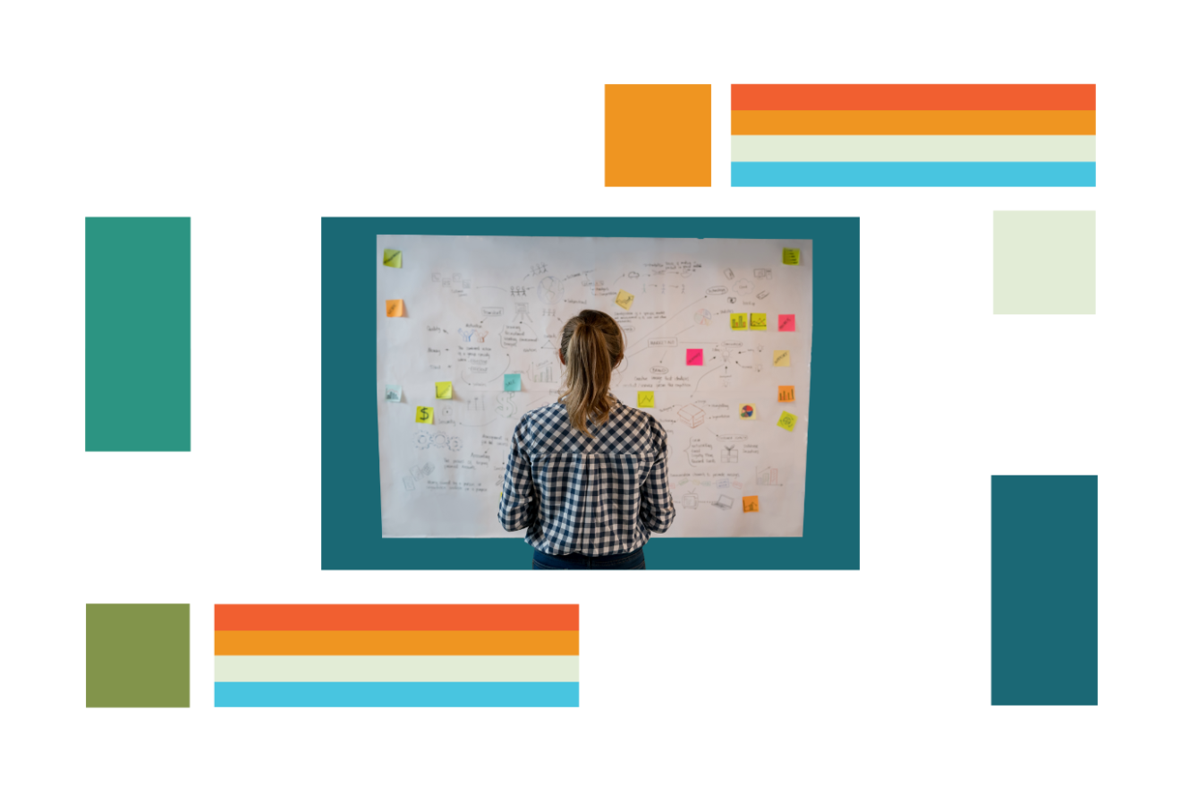 Woman looking at complicated board of post-its