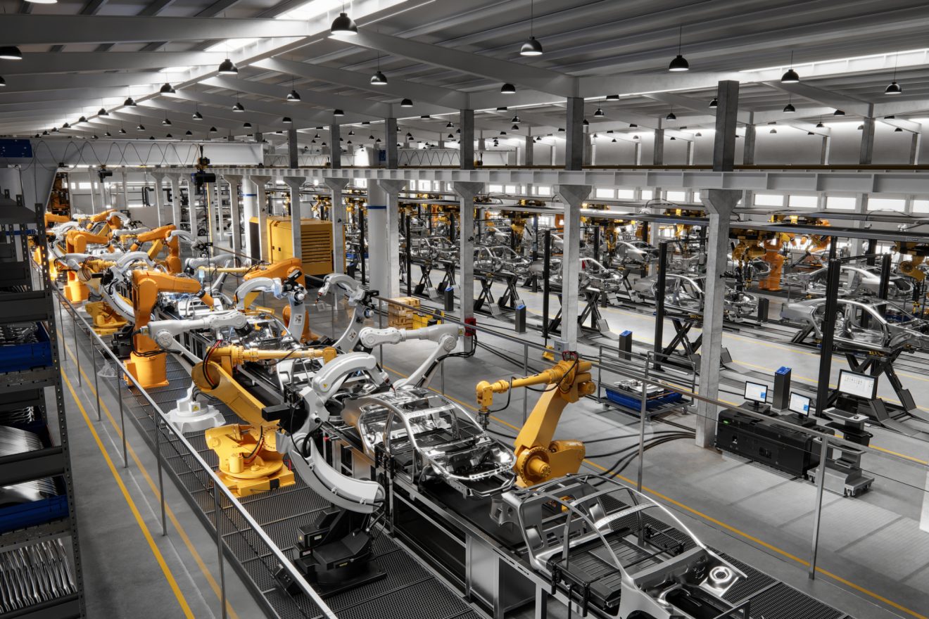 Line of robotic machines building cars