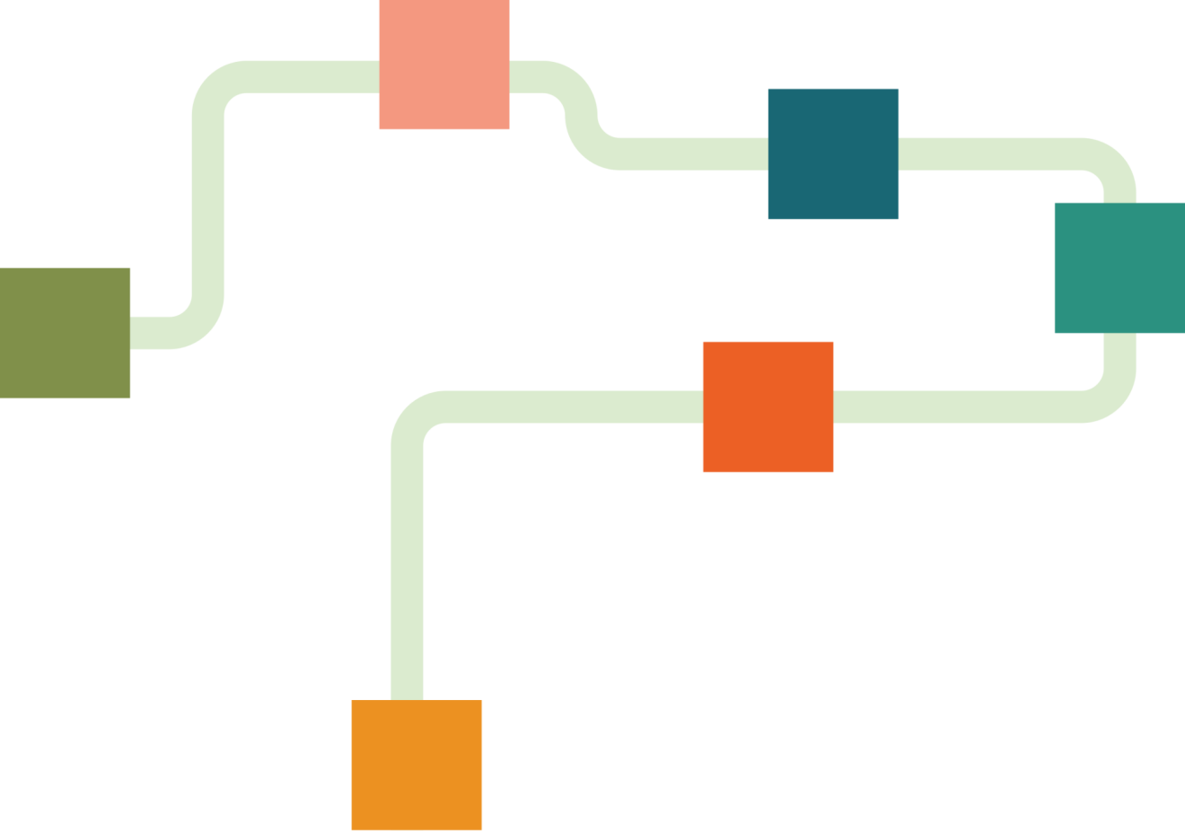 Multicolored squares are connected with a line to represent connection