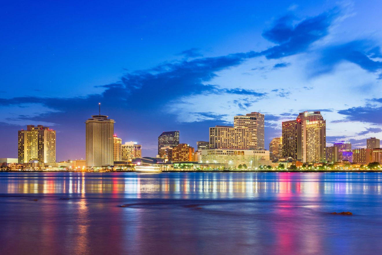 New Orleans skyline with a blue sky