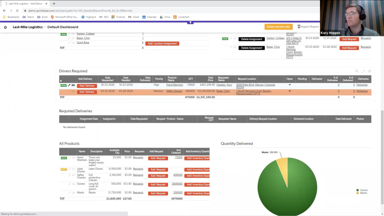 Screenshot of a Quickbase logistics page